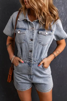 Barboteuse en denim à poches et boutons délavés vintage bleu clair
