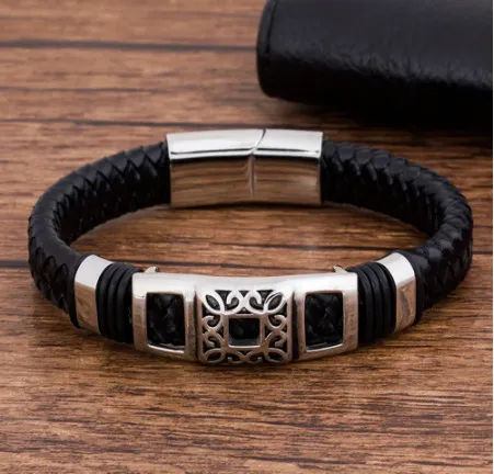 Bracelet en cuir véritable noir 2