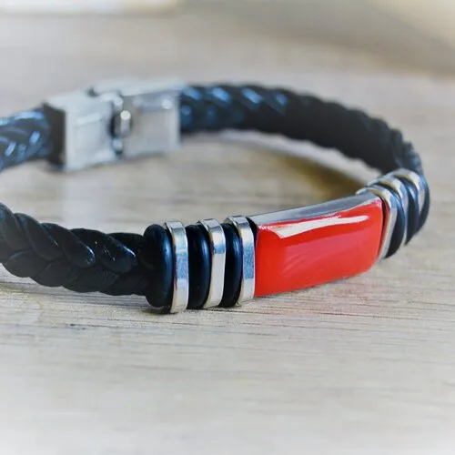 Bracelet homme rouge onyx homme cuir noir tressé acier inoxydable