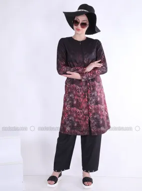 Dusty Rose - Multi - Fully Lined - Full Coverage Swimsuit Burkini - Tesettür Mayo