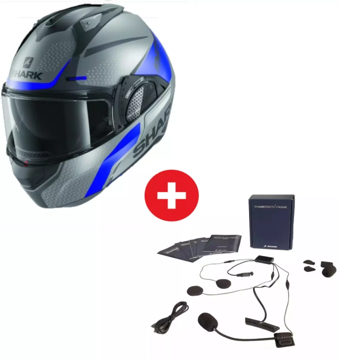 Pack Casque Shark Evo-GT Encke Mat Gris Bleu + Intercom Sharktooth 4 - Casque Bluetooth Intégré