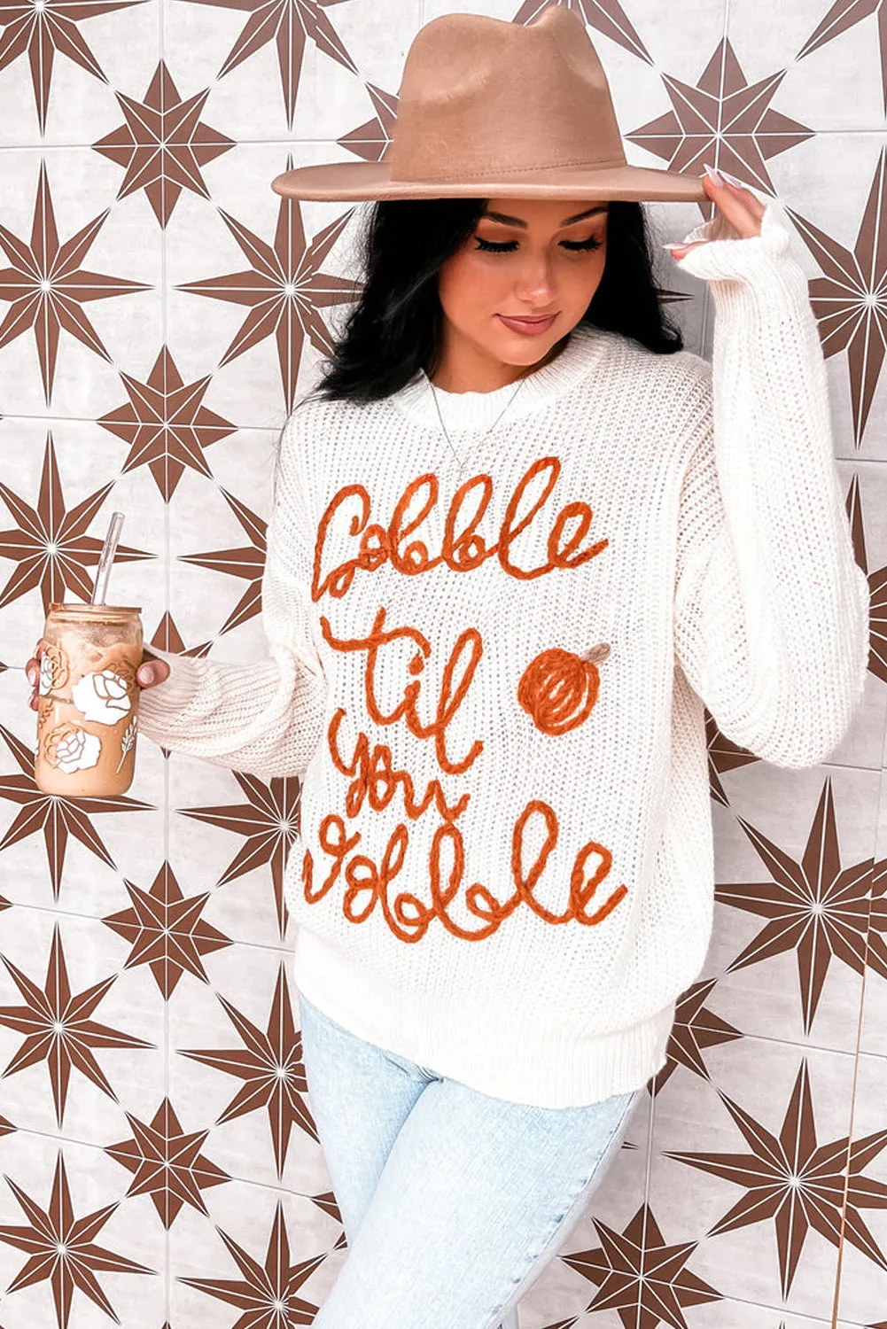 Pull blanc Gobble Til You Wobble Pop Up Crochet grande taille