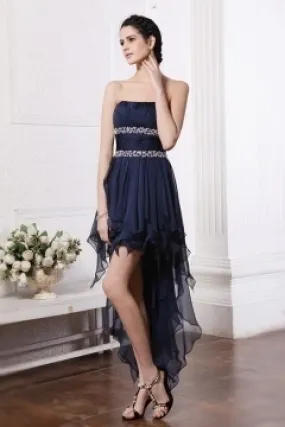 Robe soirée bleu courte devant longue derrière pour mariage orné de strass