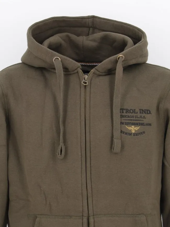 Sweat zippé à capuche brodé logo kaki homme - Petrol Industries | wimod