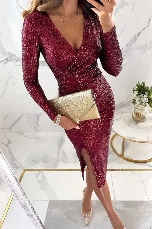 Yvette – Robe à sequins avec fente et manches longues, allure glamour